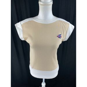 Wrangler Vtg 70s Cap Sleeve Colorblock Fish Patch Logo Top Shirt Tan‎ Beige